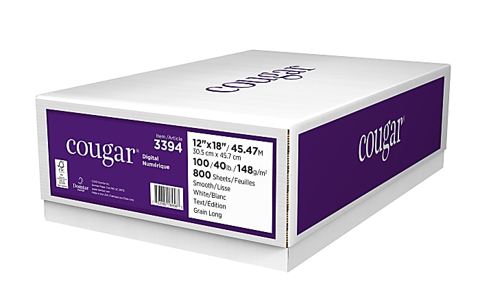 Cougar® Digital Printing Paper, 12" x 18", 98 (U.S.) Brightness, 100 Lb Text (148 gsm), FSC® Certified, Case Of 800 Sheets