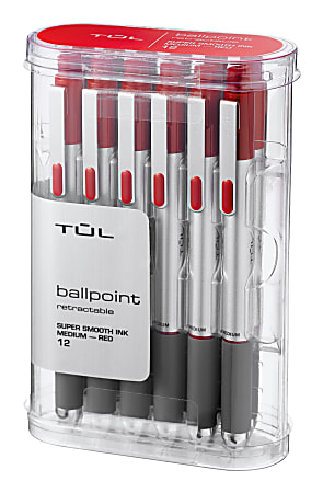 TUL® BP3 Retractable Ballpoint Pens, Medium Point, 1.0 mm, Silver Barrel, Red Ink, Pack Of 12 Pens