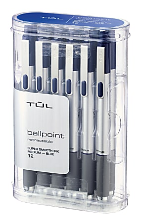 TUL® BP3 Retractable Ballpoint Pens, Medium Point, 1.0 mm, Silver Barrel, Blue Ink, Pack Of 12 Pens
