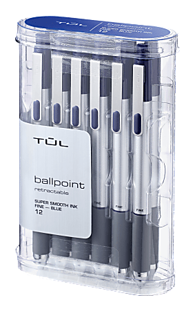 TUL® BP3 Ballpoint, Retractable, Fine Point, 0.8 mm, Silver Barrel, Blue Ink, Pack Of 12