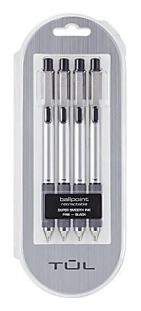 TUL® BP Series Retractable Ballpoint Pens, Fine Point, 0.8 mm, Silver Barrel, Black Ink, Pack Of 4 Pens