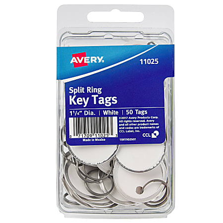 Avery® Metal Rim Key Tags, Metal Split Ring, 1-1/4" Diameter, White, Pack Of 50