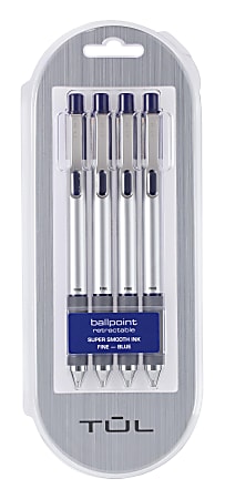 TUL® BP3 Retractable Ballpoint Pens, Fine Point, 0.8 mm, Silver Barrel, Blue Ink, Pack Of 4 Pens