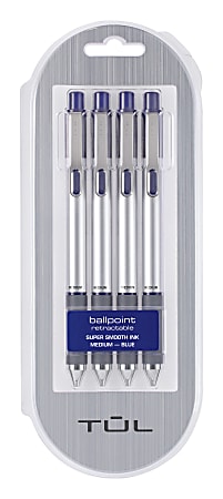 TUL® BP3 Retractable Ballpoint Pens, Medium Point, 1.0 mm, Silver Barrel, Blue Ink, Pack Of 4 Pens