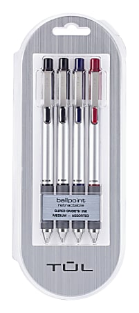 TUL® BP Series Retractable Ballpoint Pens, Medium Point, 1.0 mm, Silver Barrel, Assorted Inks, Pack Of 4 Pens