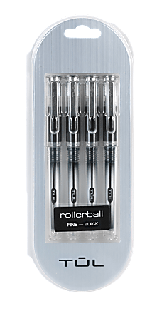 TUL® RB1 Rollerball Pens, Fine Point, 0.5mm, Silver Barrel, Black Ink, Pack Of 4