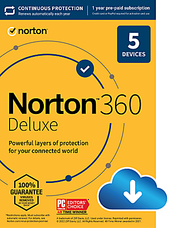 Norton™ 360 Deluxe, For 5 Devices, 1 Year Subscription, Windows®, Download