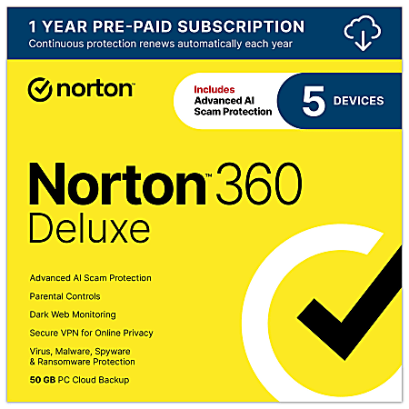 Norton&trade; 360 Deluxe, For 5 Devices, 1-Year Subscription, Windows&reg;, Download