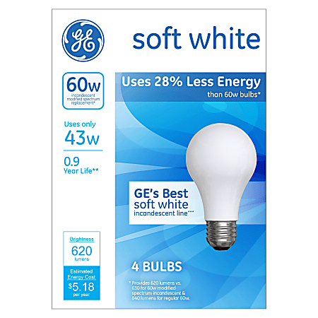 GE Soft White Halogen Light Bulbs, 43W, Pack Of 4 Light Bulbs