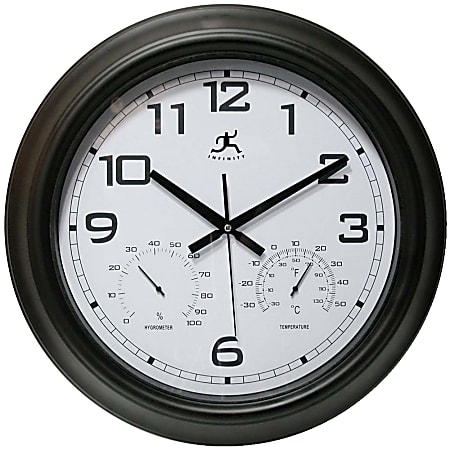 Infinity Instruments Round Wall Clock With Hygrometer/Thermometer, 18", Black/White