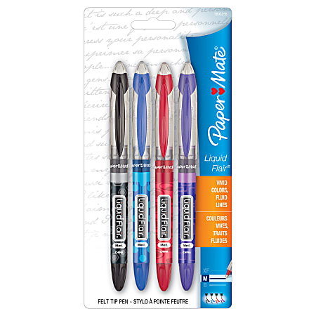 Paper Mate® Liquid Flair® Pens, Fine Point, 0.7 mm, Assorted Ink Colors, Pack Of 4