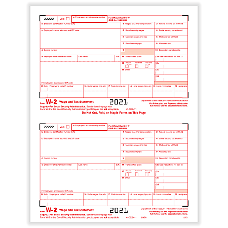 ComplyRight™ W-2 Tax Forms, 2-Up, IRS Federal Copy A, Laser, 8-1/2" x 11", Pack Of 100 Forms