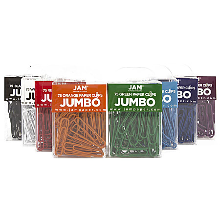 JAM Paper® Paper Clips, 750 Total, Jumbo, Assorted Colors, 75 Per Pack, Case Of 10 Packs