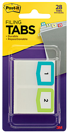 Post-it® Preprinted Filing Tabs, Numbers 1-12 + 4 Blank, 1" x 1 1/2", Assorted Colors, Pad Of 28