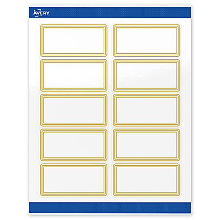 Avery® Printable Labels With Sure Feed® Technology, S00-DHR-PRWGP10, Rectangle, 2" x 4", Glossy White, Preprinted Multi-Lined Gold Border Design, Pack Of 100