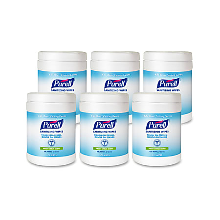 Purell® Citrus Hand Sanitizing Wipes, 6" x 6-3/4", 270 Wipes Per Canister, Carton Of 6 Canisters