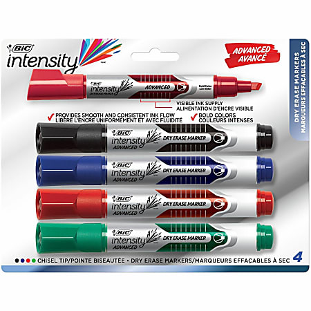 BIC Intensity Advanced Low Odor Dry-Erase Markers, Chisel Tip, Assorted Colors, Pack Of 4 Markers