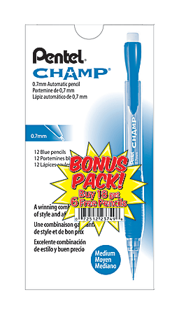 Pentel Champ Mechanical Pencils, 0.7 mm, #2 Lead, Blue Barrel, Pack Of 24