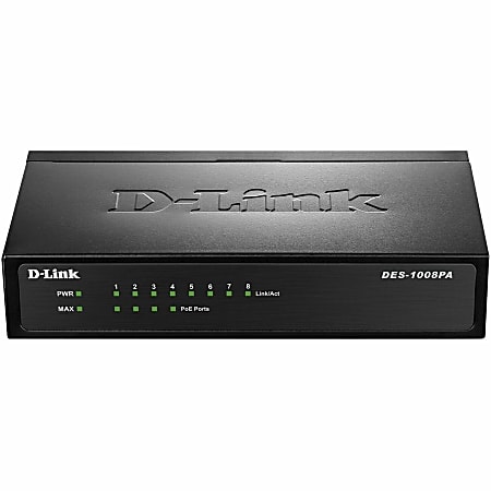 D-Link DES-1008PA 8-Port 10/100 Unmanaged Metal Desktop Switch with 4 PoE Ports - 8-Port 10/100 Unmanaged Metal Desktop Switch with 4 PoE Ports