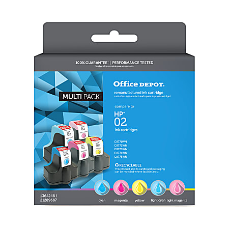 Office Depot® Brand Remanufactured Cyan, Light Cyan, Magenta, Light Magenta, Yellow Ink Cartridge Replacement For HP 02, Pack Of 5