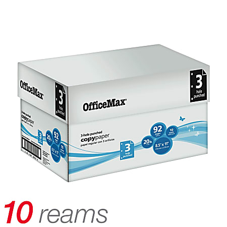 OfficeMax® 3-Hole Punched Copy Paper, Letter Size Paper, 20-Lb, 500 Sheets Per Ream, Case Of 10 Reams