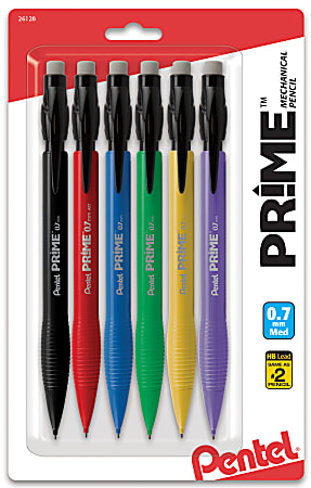 Pentel Prime Mechanical Pencils, 0.7 mm, Medium Point, Assorted Barrel Colors, Pack Of 6