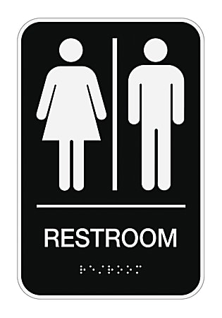 Cosco® ADA Men's/Women's/Unisex Restroom Sign, 6" x 9", Black
