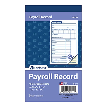 Adams® Carbonless Employee Payroll Record Book, 2-Part, 4 3/16" x 7 3/16", White/Canary, 55 Page Sets