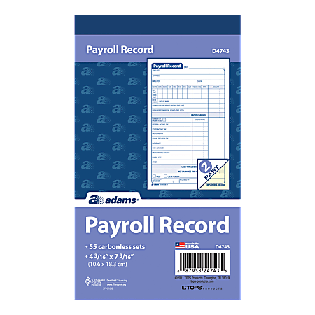 Adams® Carbonless Employee Payroll Record Book, 2-Part, 4 3/16" x 7 3/16", White/Canary, 55 Page Sets