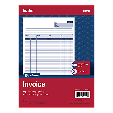 Adams® Carbonless Invoice Unit Sets, 3-Part, 8 1/2" x 11 7/16", Multicolor, 100 Sheets Per Pad, Pack Of 4 Pads