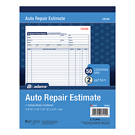 Adams® Auto Repair Estimate Books, 2-Part, 8 7/16" x 10 3/4", White/Canary, 50 Sets Per Book, 6 Books Per Carton