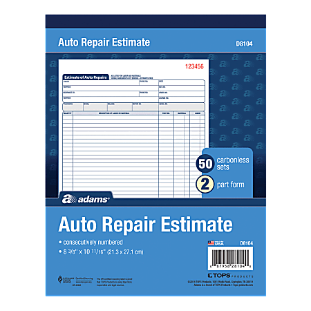 Adams® Auto Repair Estimate Books, 2-Part, 8 7/16" x 10 3/4", White/Canary, 50 Sets Per Book, 6 Books Per Carton