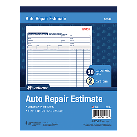 Adams® Auto Repair Estimate Books, 2-Part, 8 7/16"