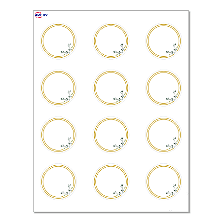 Avery® Print-To-The-Edge Cards With Sure Feed®, S00-D2P-PRMWC10, 2" Round, Matte White, Preprinted Double Gold Border with Floral Design, Pack Of 120