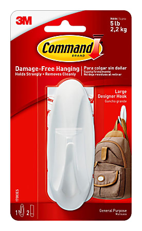 Command Large Designer Hook - 5 lb (2.27 kg) Capacity - Plastic - White, 1 Hook, 2 Strips/Pack