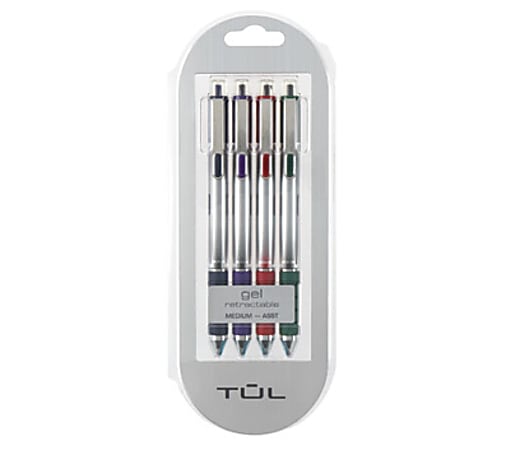 TUL® Gel Pens, Retractable, Fine Point, 0.5 mm, Silver Barrel, Assorted Ink Colors, Pack Of 4