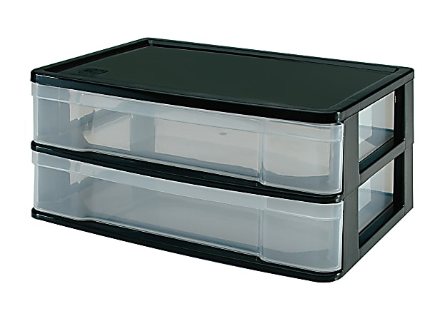 Office Depot® Brand Plastic 2-Drawer Storage Case, 7" x 13 5/8" x 9 3/4", Black/Clear