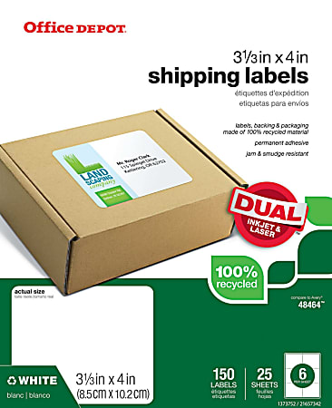 Office Depot® Brand 100% Recycled Mailing Labels, OD98834, Rectangle, 3 1/3" x 4", White, Pack Of 150