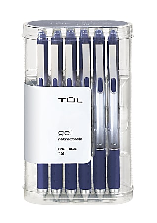 TUL GL Series Retractable Gel Pens, Fine Point, 0.5 mm, Silver Barrel, Blue  Ink, Pack Of 12 Pens