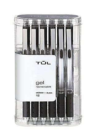 TUL GL Series Retractable Gel Pens, Medium Point, 0.7 mm, Black Barrel, Black Ink, Pack of 12 Pens