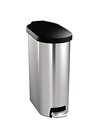 simplehuman® Slim Step Trash Can, 12 Gallons, Brushed Stainless Steel With Black Plastic Lid