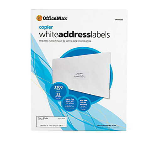 OfficeMax - White Copier Labels - White, 1" x 2-13/16", 33 Labels/Sheet, 3300 Labels/Box