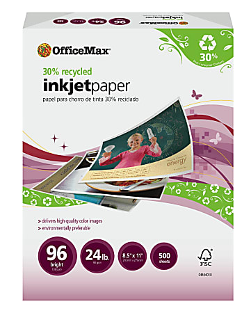 OfficeMax Recycled Inkjet Paper, 96 Bright, 500 Sheets/Ream, 8 1/2" x 11", 24 lb.