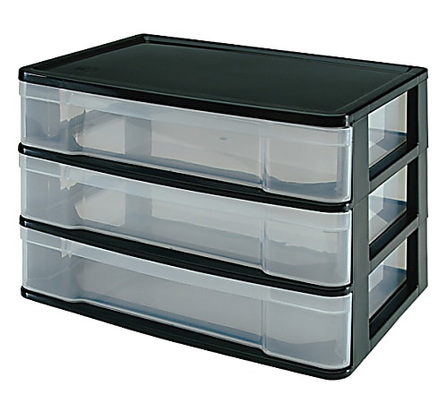 Iris Advantus Plastic 3 Drawer Storage Case, 10 3/8" x 13 7/16" x 9 11/16", Clear/Black