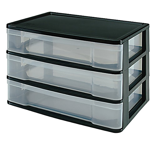 Advantus Plastic 3-Drawer Storage Case, 10 3/8 x 13 7/16 x 9 11/16,  Clear/Black