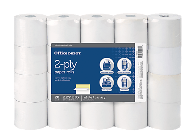 Office Depot® Brand Add Machine/Register Paper Rolls 2-1/4"x85', 2-Part White/Canary; 2-Ply Carbonless
