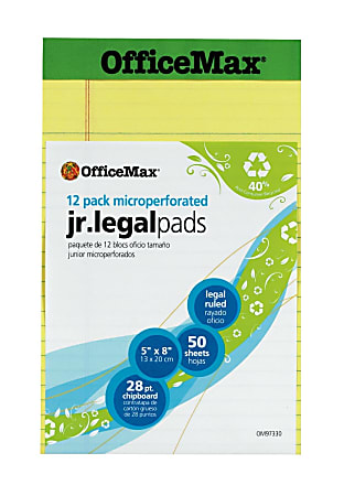 OfficeMax Recycled Perforated Pad, 5" x 8", Jr. Size, Legal Rule, Canary