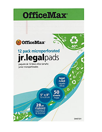 OfficeMax Recycled Perforated Pad, 5" x 8", Jr. Size, Legal Rule, White