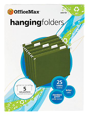 OfficeMax Hanging Folders - Standard Green, Letter, 1/5 Cut, 25/Box