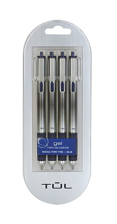 TUL® Retractable Gel Pens, Needle Point, 0.5 mm, Silver Barrel, Blue Ink, Pack Of 4 Pens
